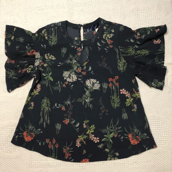 Blue Rain Tops - Floral Bell Sleeved Top